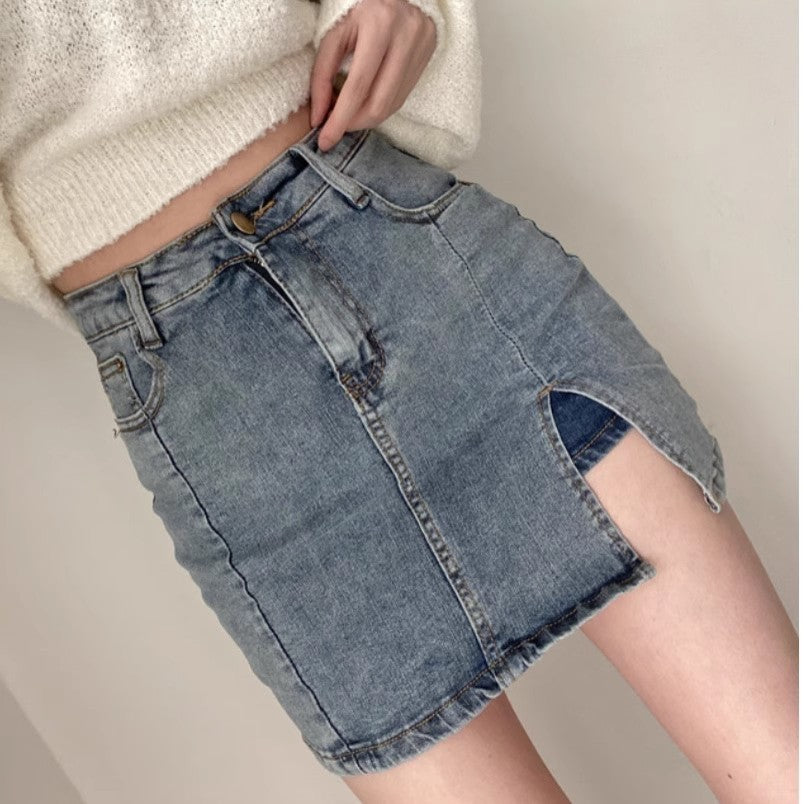 Retro High Waist Denim Skirt For Women