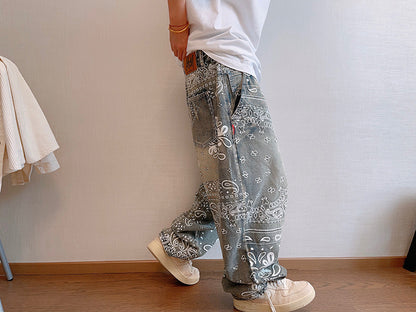 Retro Pu Shuai Worn Looking Washed-out Cashew Flower Loose Profile Jeans For Men