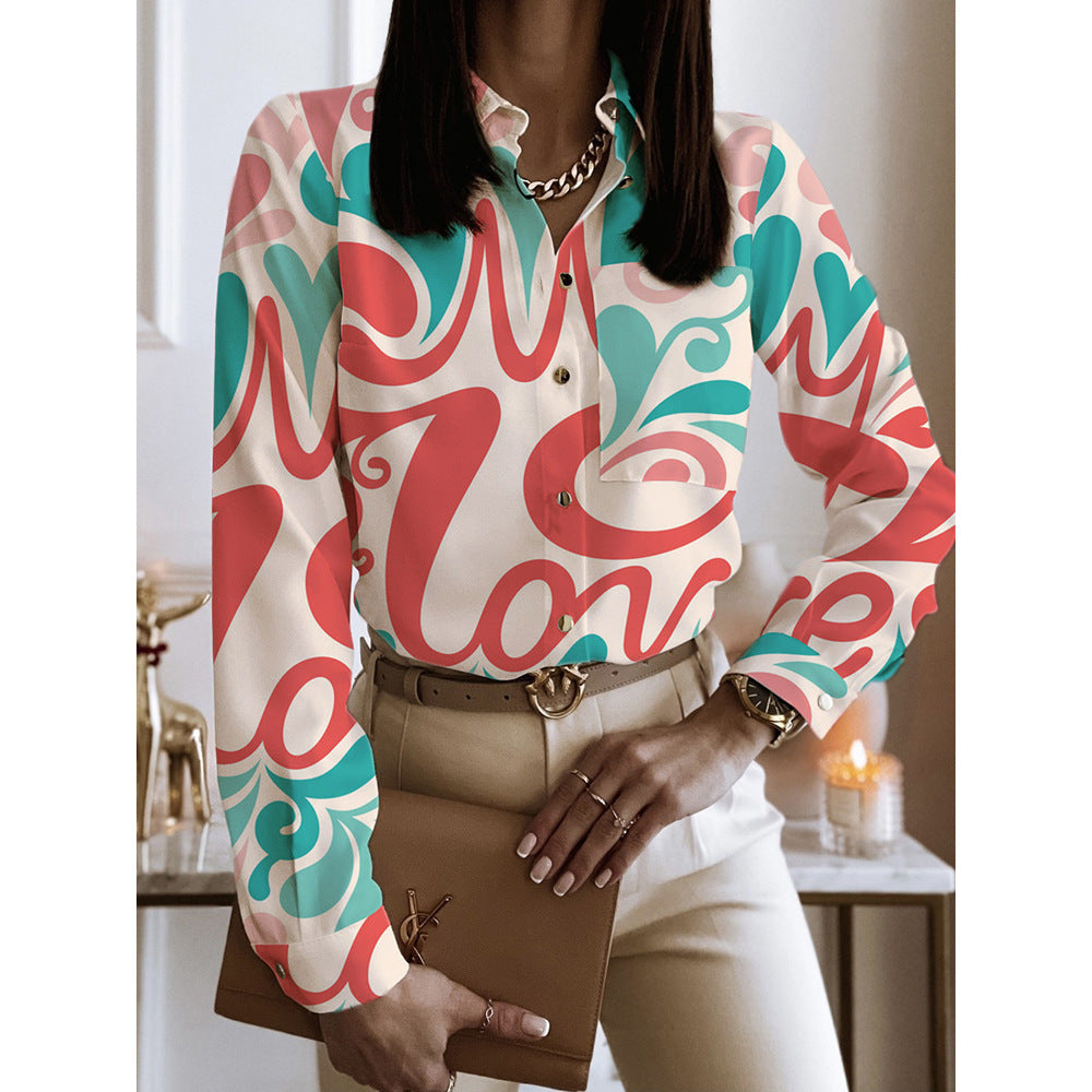 Spring And Autumn Long Sleeve Loose Printed Long Sleeve Lapel Mid-length Shirt