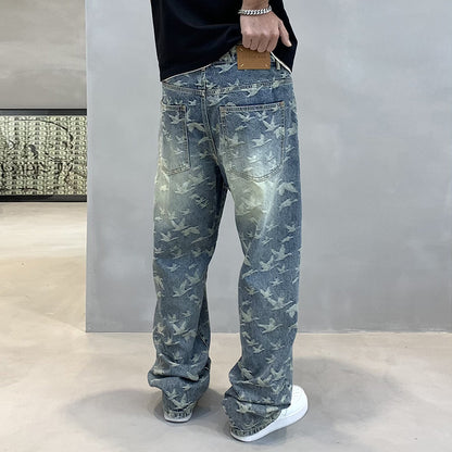 Men's Personalized Bird Jacquard Embroidery Denim Straight-leg Pants