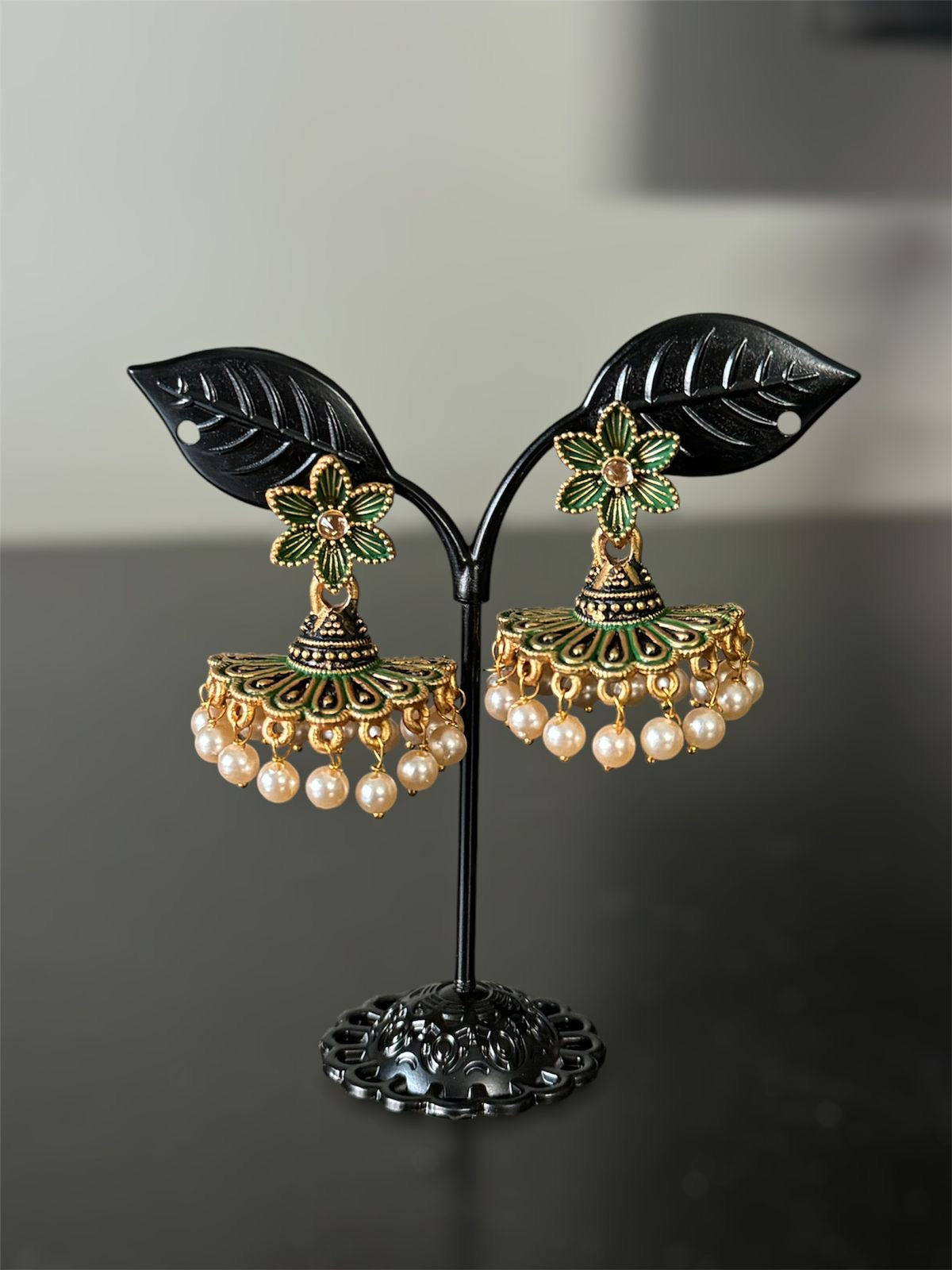 Dark Green and Black Gold Enamel Earring