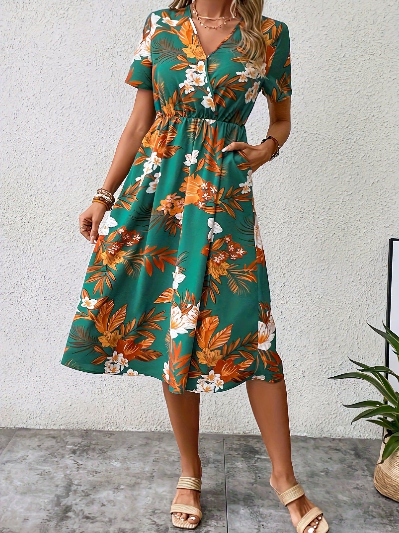 V-neck Short Sleeve Printed Midi Dress