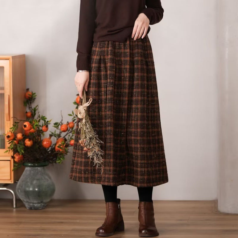 Women's High Waist Plaid Woolen Skirt