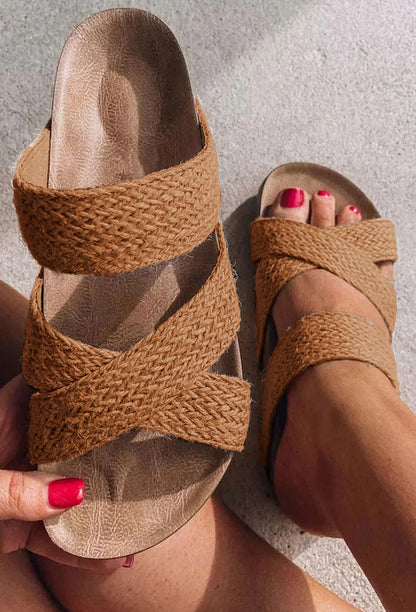 Women's Flat Platform Cross Hemp Rope Woven Solid Color Sandals