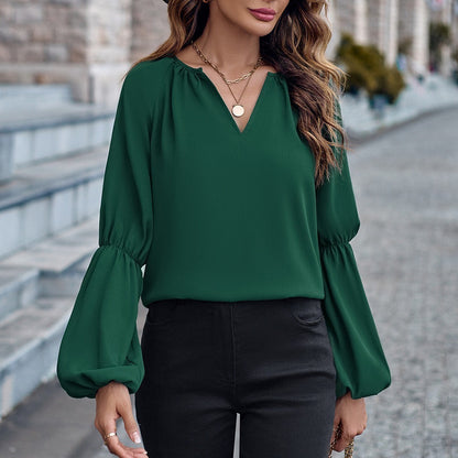 Solid Color And V-neck Loose Casual Women's Top