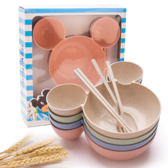 Wheat Straw, Children's Bowl, Cartoon, Wheat Chopsticks, Fork Spoon, Fruit Dish, Mickey's Bowl, Lovely Gift Set