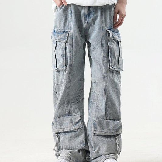 American Street Fashion Heavy Industry Washing Tooling Denim Trousers