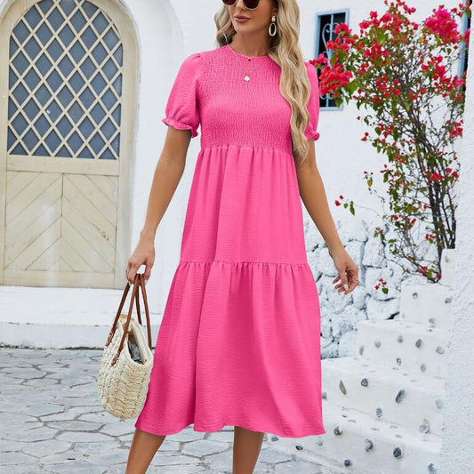 Summer Round Neck Pleating Puff Sleeve Short Sleeve Elegant Dress