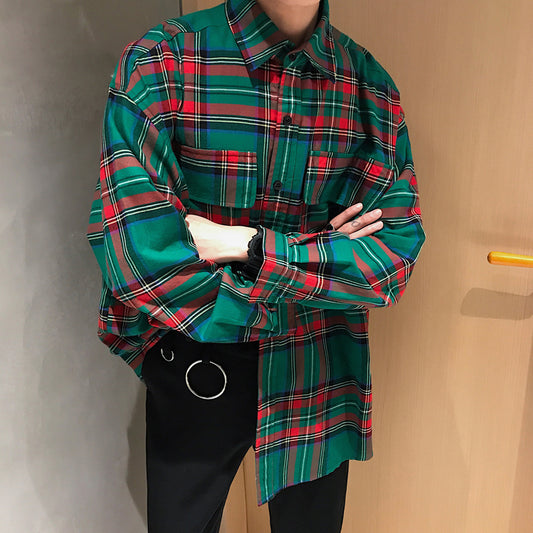 Spring Handsome Tooling Plaid Shirt Korean Version Of The Trend Ins Bottoming Shirt Men's Loose Student Temperament Shirt Men