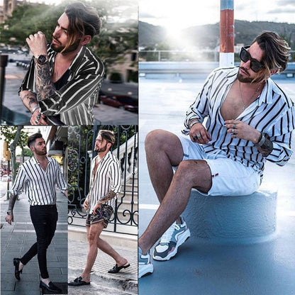 Men Slim Fit Muscle Casual Trendy Vertical Striped Shirt