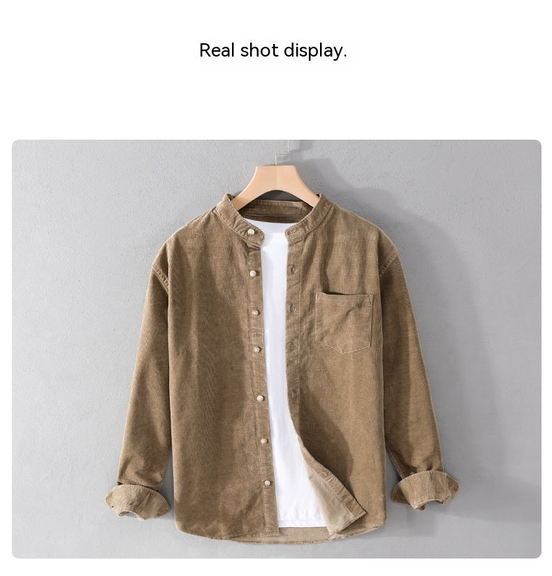 Men's Casual Stand Collar Retro Corduroy Long-sleeved Shirt