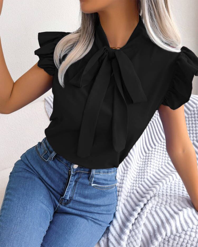 Summer Solid Color Minimalist Bowknot Short Sleeve Shirt