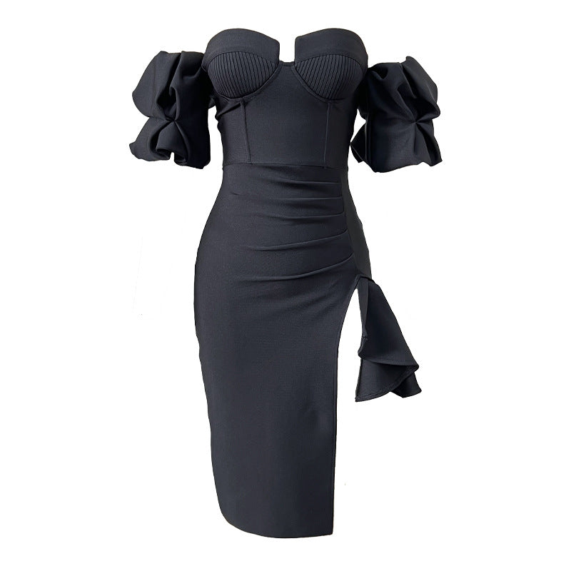 Women's Solid Color Lantern Sleeve Bandage Dress