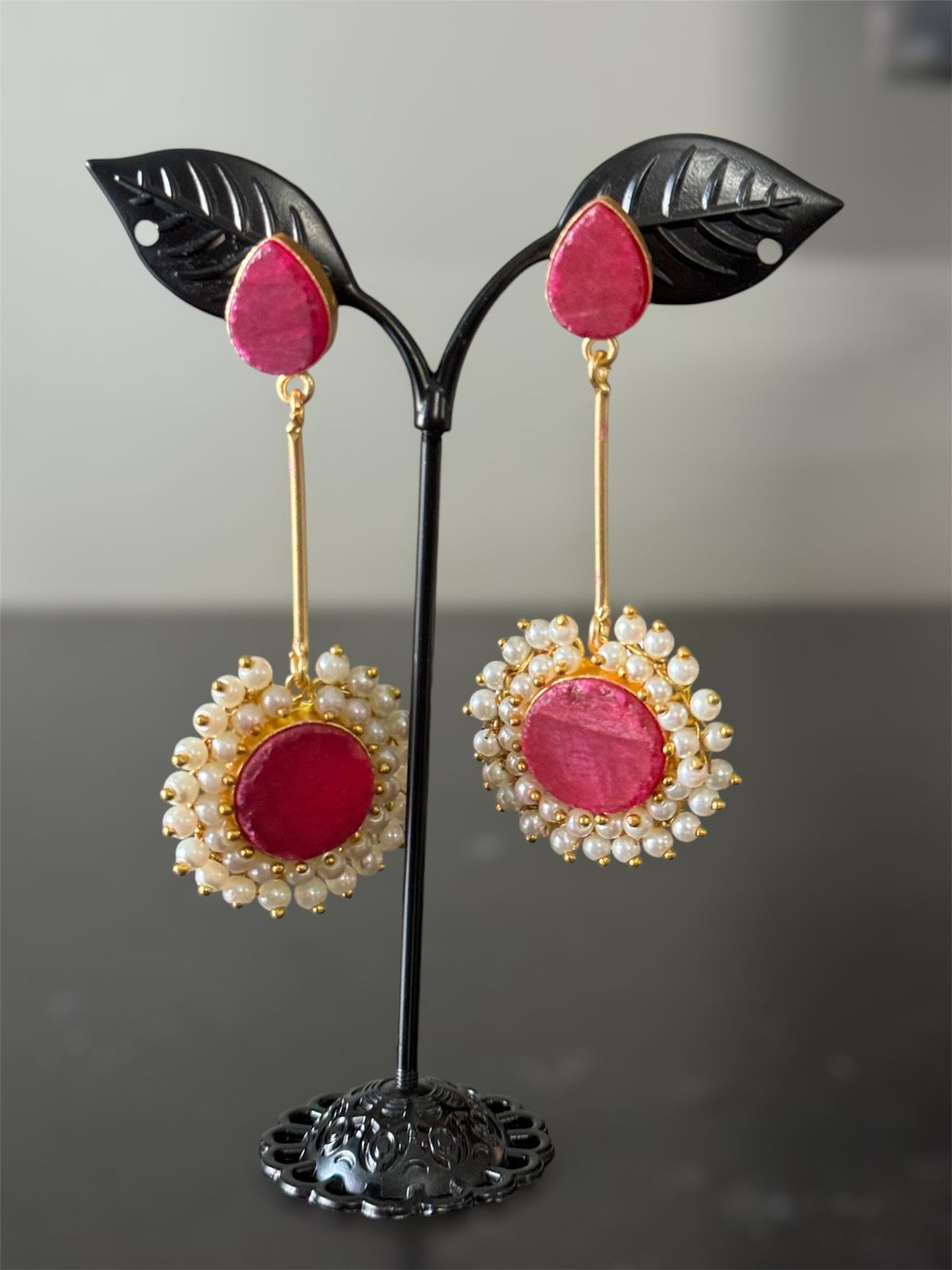 Handcrafted Light Pink and Red Stone Pearl Earring