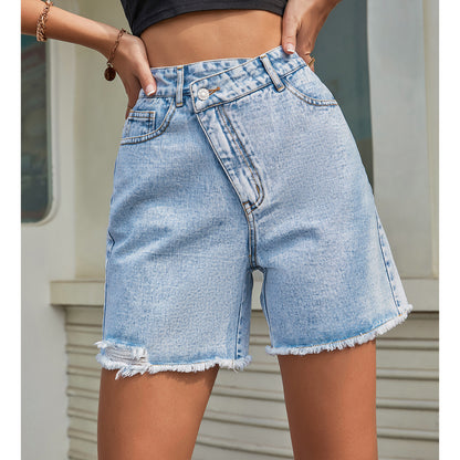 Women's Fashion High Waist Loose And Slimming Raw Edge Denim Shorts