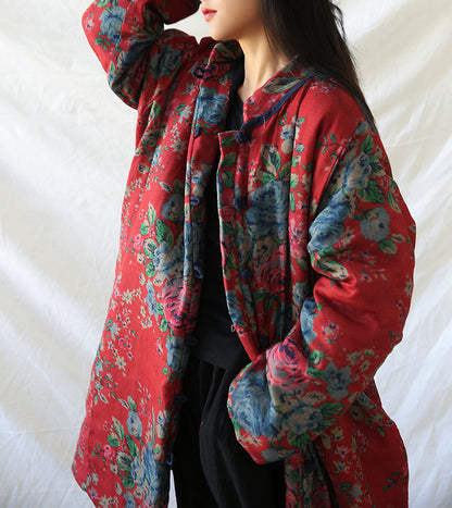 Winter Cotton And Linen Women Retro Art Floral Print Cotton Clothing Cotton Coat