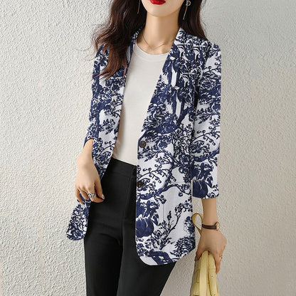 Women's Button Printed Long-sleeved Pocket Vintage Cotton And Linen Blazer