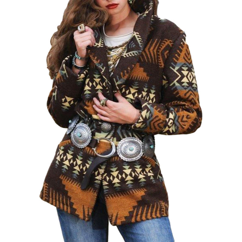 Woolen Coat Women's Mid-length Printed Long Sleeve Lapel