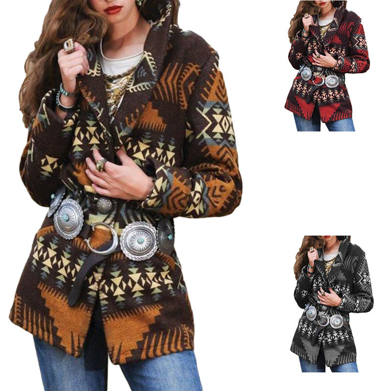 Woolen Coat Women's Mid-length Printed Long Sleeve Lapel