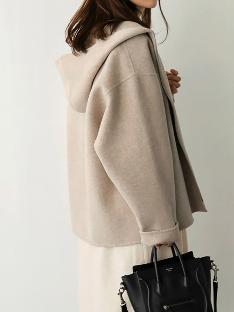 Autumn And Winter Korean Style Hooded Woolen Coat Women