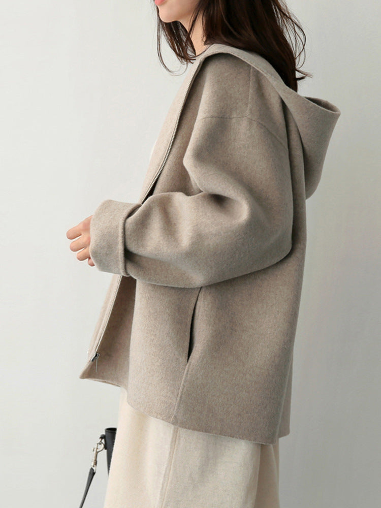 Autumn And Winter Korean Style Hooded Woolen Coat Women