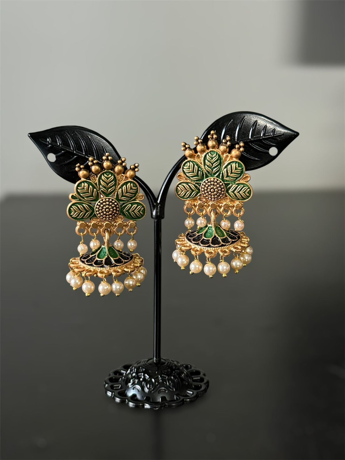 Dark Green Gold Enamel Earring