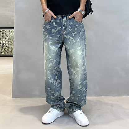 Men's Personalized Bird Jacquard Embroidery Denim Straight-leg Pants