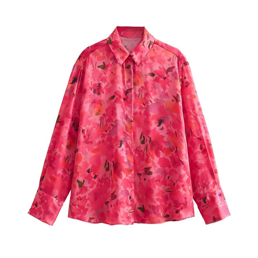 European And American Style Fashion Casual Floral Printed Satin Shirt