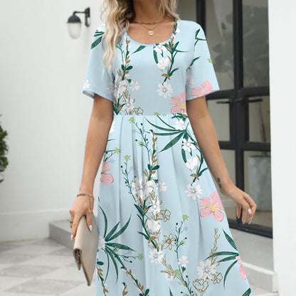 Women's Fashionable Elegant Printed Round Neck Short Sleeve Dress