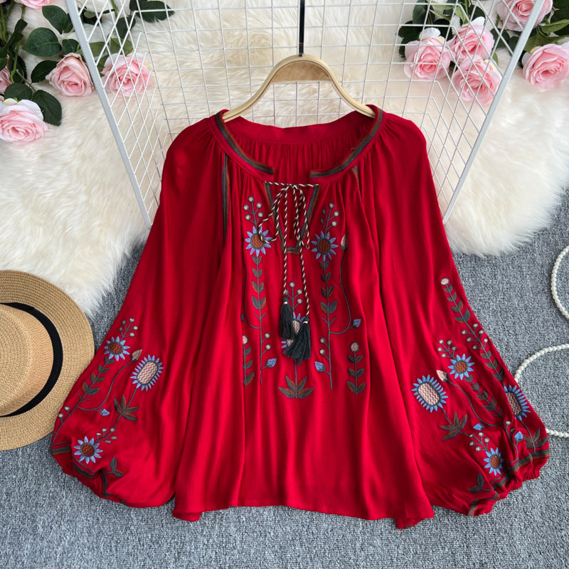 Embroidery Slimming Doll Top Female Round Neck Pullover Shirt