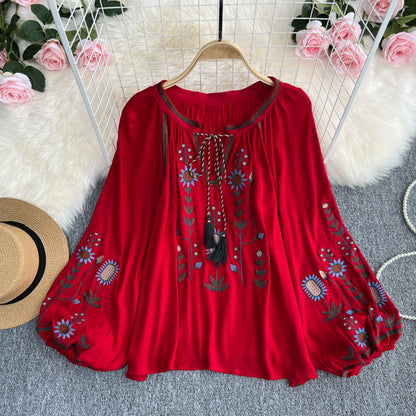 Embroidery Slimming Doll Top Female Round Neck Pullover Shirt