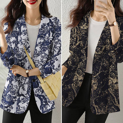 Women's Button Printed Long-sleeved Pocket Vintage Cotton And Linen Blazer