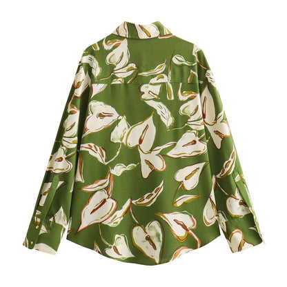 Women's Lapel Long Sleeve Flower Print Loose Shirt