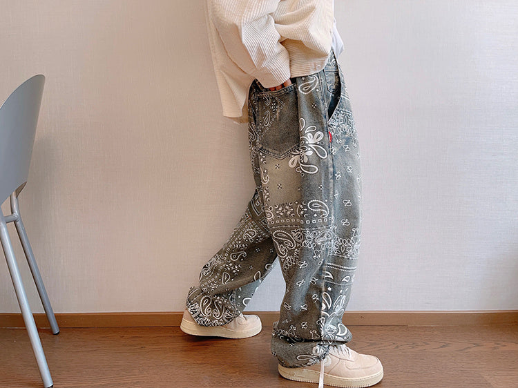 Retro Pu Shuai Worn Looking Washed-out Cashew Flower Loose Profile Jeans For Men