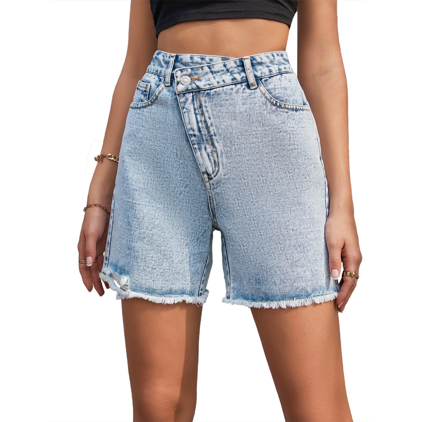 Women's Fashion High Waist Loose And Slimming Raw Edge Denim Shorts