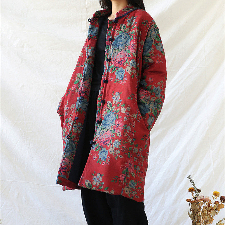 Winter Cotton And Linen Women Retro Art Floral Print Cotton Clothing Cotton Coat