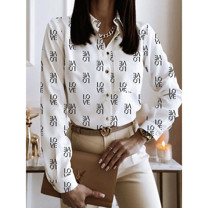 Spring And Autumn Long Sleeve Loose Printed Long Sleeve Lapel Mid-length Shirt