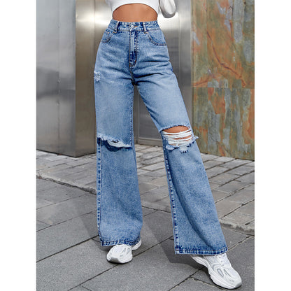 Women's Fashion Holes High Waist Casual Denim Trousers