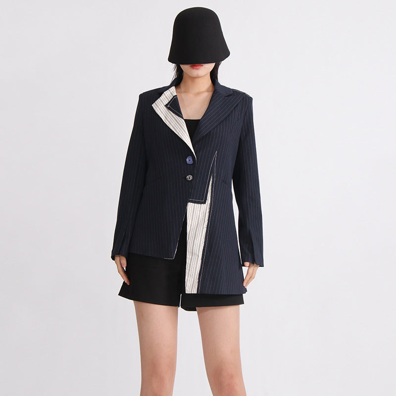 Irregular Fashion Design Sense Patchwork Stripes Coat Tight Waist Slimming Commuting Style Suit Jacket