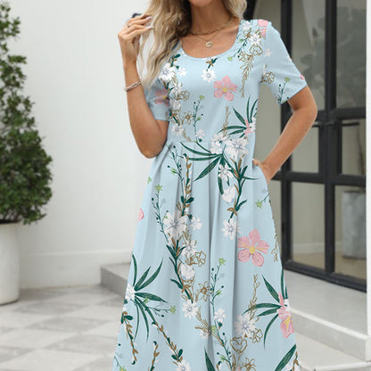 Women's Fashionable Elegant Printed Round Neck Short Sleeve Dress