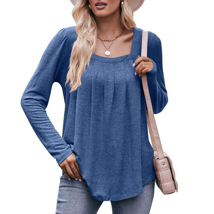 Casual Puff Sleeve Square Collar Pleated Long Sleeve