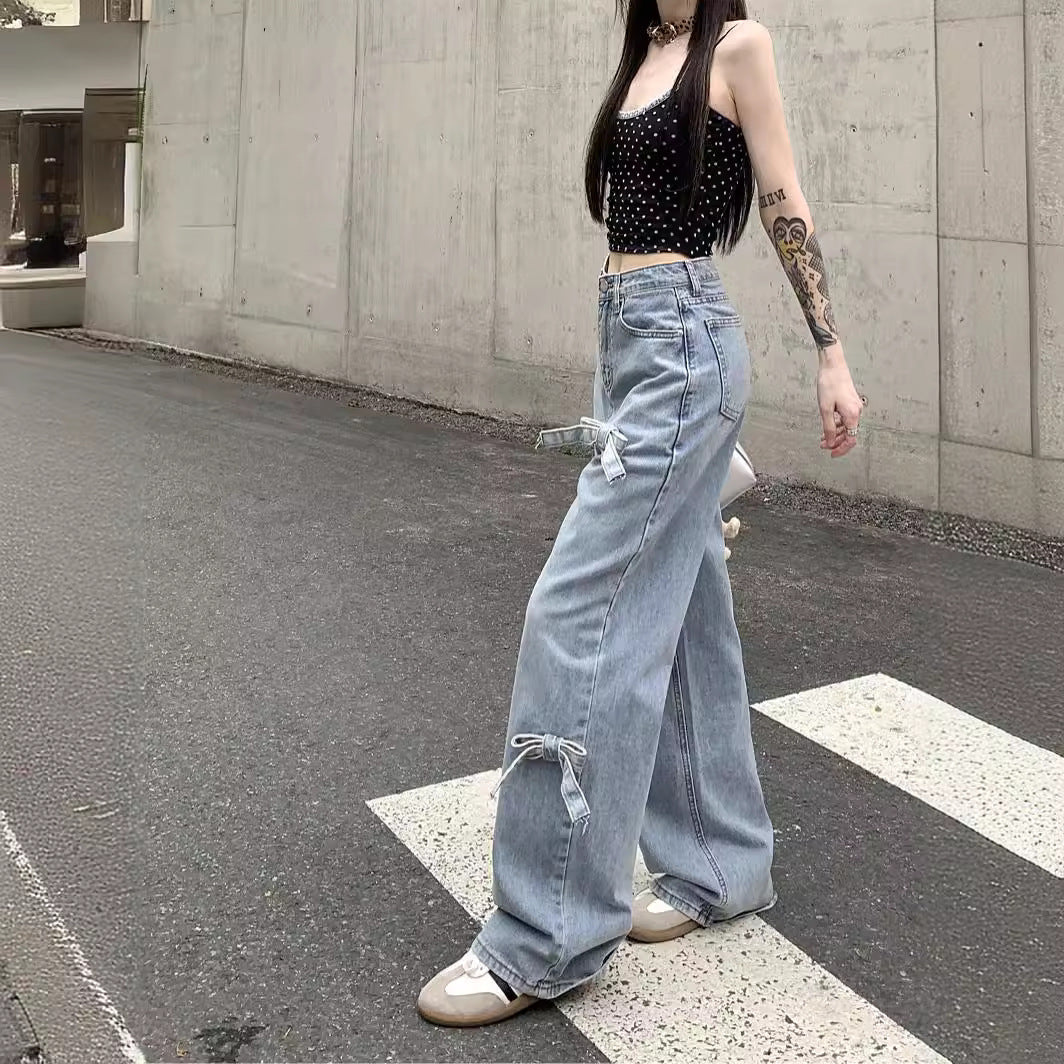 Bow High Waist Loose Straight Wide Leg Mop Pants