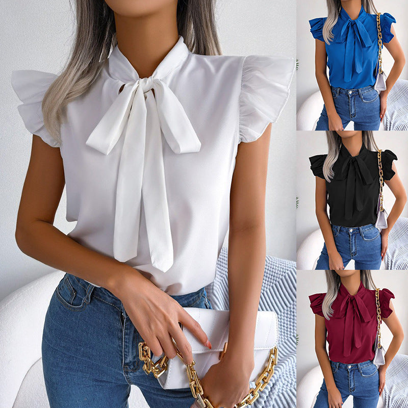 Summer Solid Color Minimalist Bowknot Short Sleeve Shirt