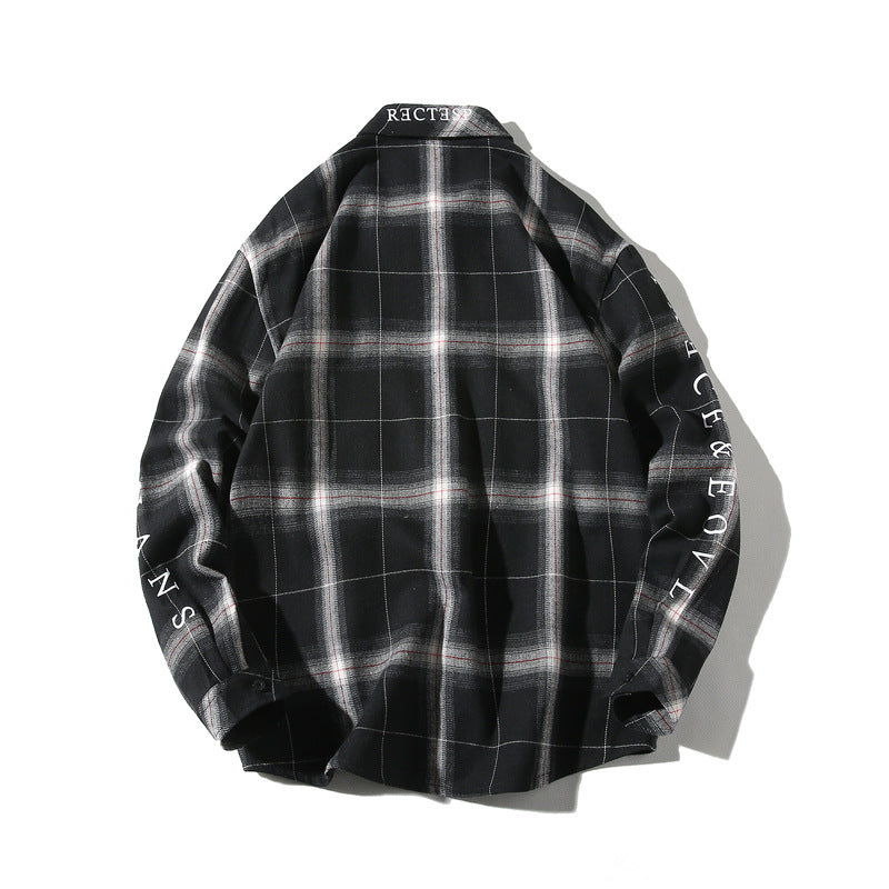 Spring Hong Kong Style Loose Plaid Printed Long-sleeved Shirt Men