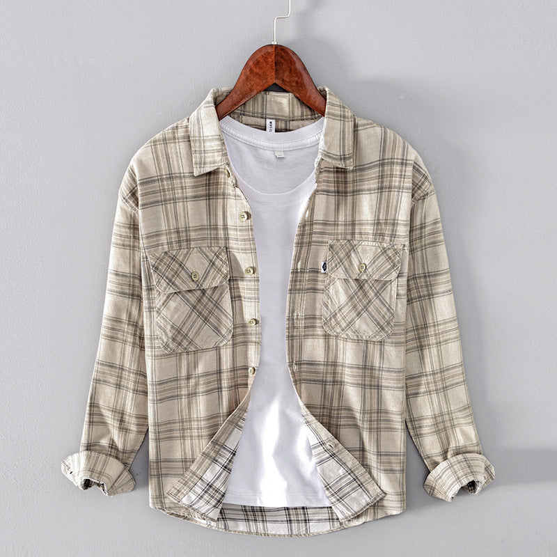 Men Corduroy Plaid Cotton Casual Long-sleeved Shirt