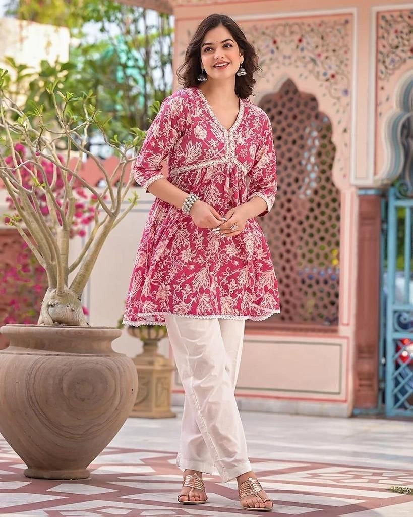 Classy Printed Short Top with Beautiful Embroidery work with Pant