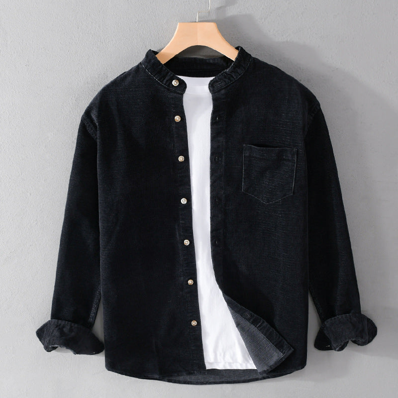 Men's Casual Stand Collar Retro Corduroy Long-sleeved Shirt