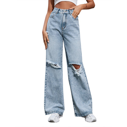 Women's Fashion Holes High Waist Casual Denim Trousers