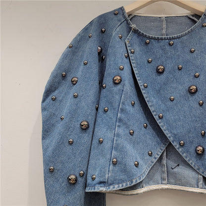 Design Sense Heavy Industry Fashion Wire Nail Rivet Puff Sleeve Cropped Denim Top