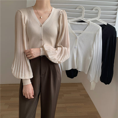 Retro V-neck Breasted Chiffon Patchwork Puff Sleeve